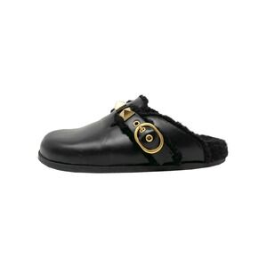 Valentino Roman Stud Mules Black Leather Shearling Flats 37.5
